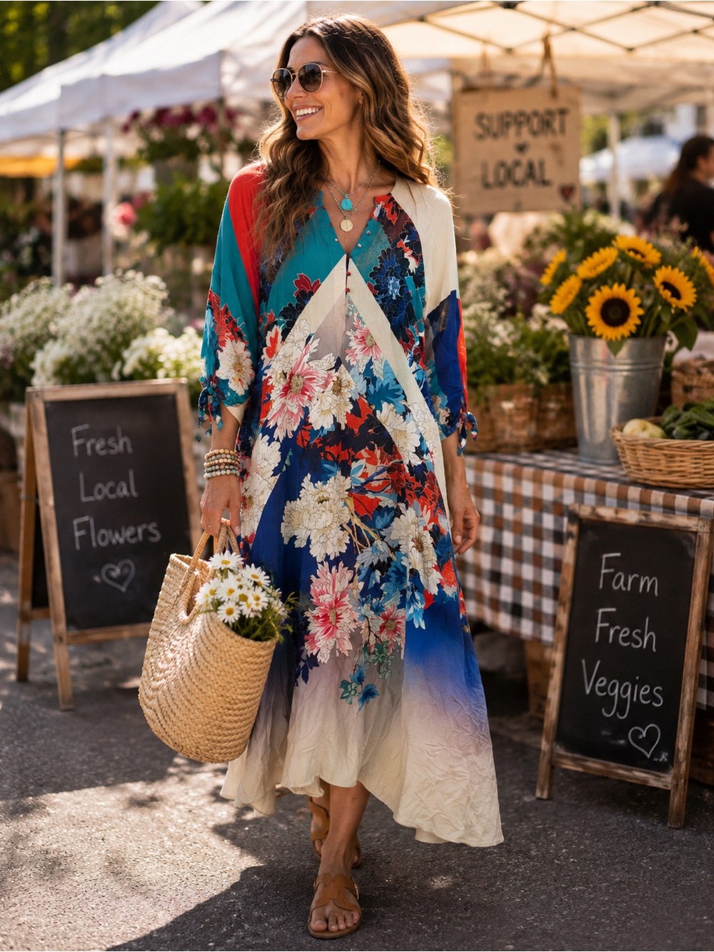 Johnny Was Teal and Navy Floral V-Neck Boho Maxi Dress